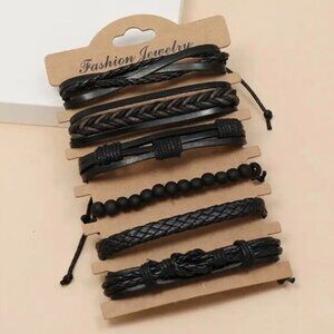 Men's Genuine Leather Black Bracelet Set
